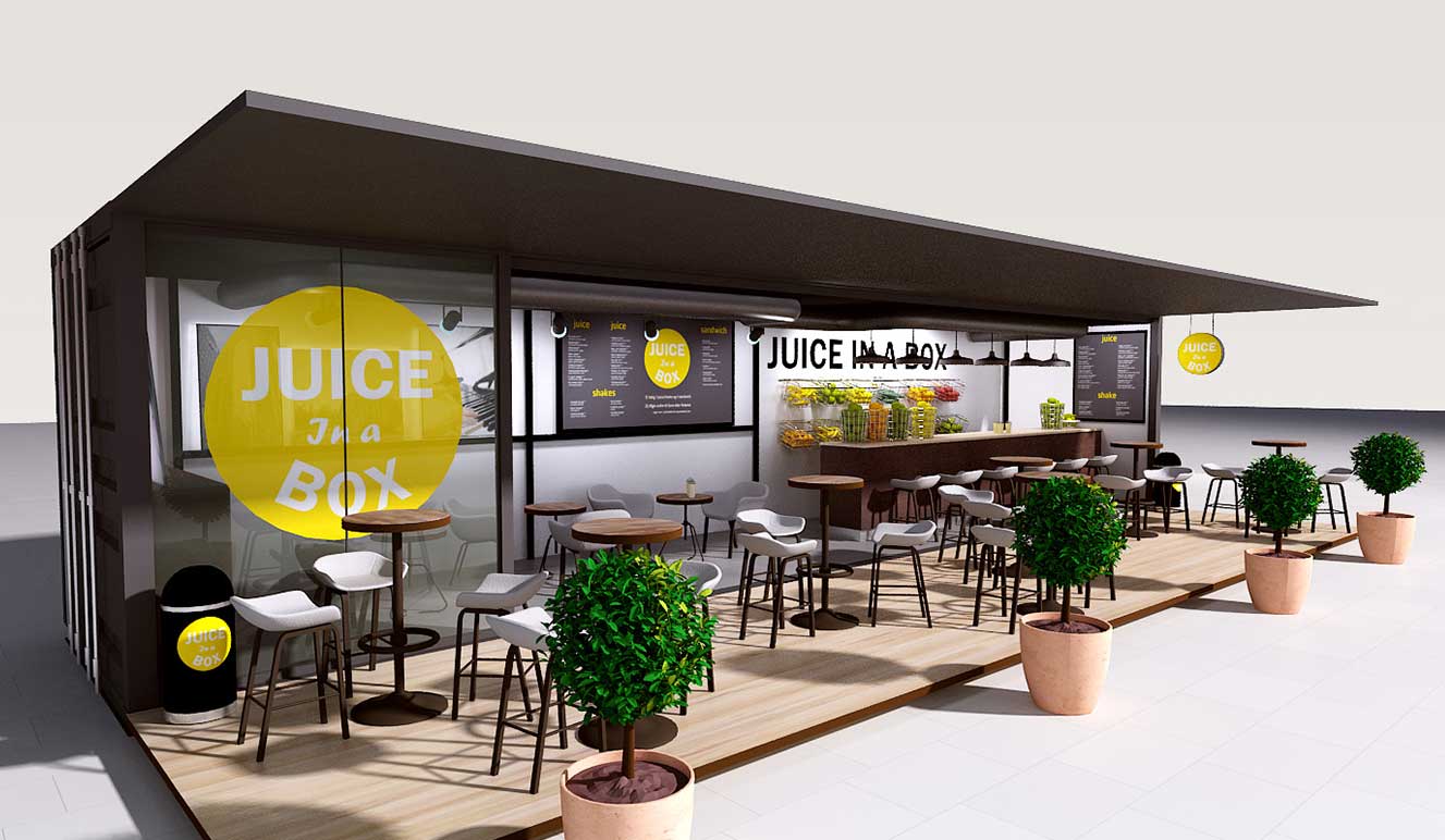 Juice, coffee og sandwich bar in a box